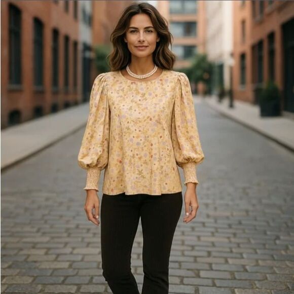 Anthropologie Pleione Puff Sleeve Blouse - Yellow Floral - Picture 1 of 4